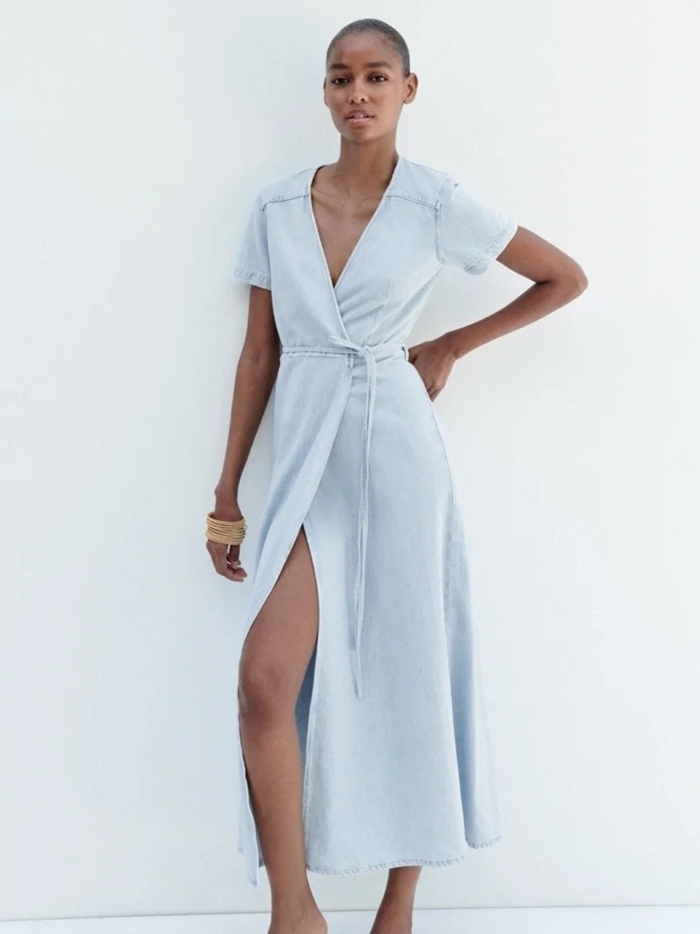 Zara Pale Blue Denim Wrap Maxi Dress with Short Sleeves